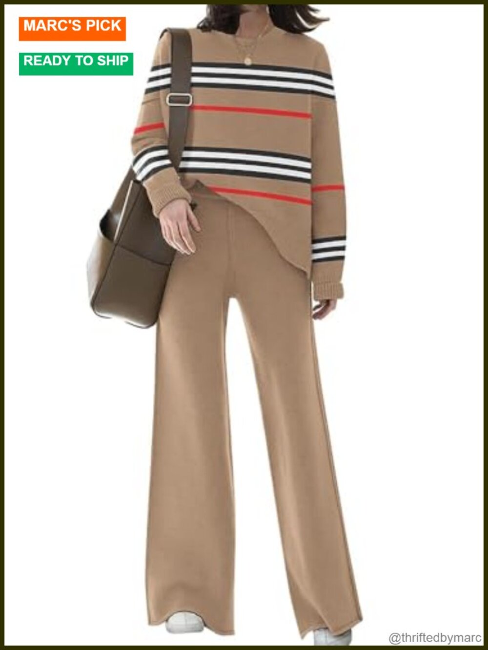 Womens 2 Piece Knitted Sweater Lounge Set Crop Top Wide Leg Pants Sweatsuit